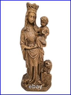Antique Ceramic Our Lady of Flanders With Lion Chalkware Religious Statue Saint