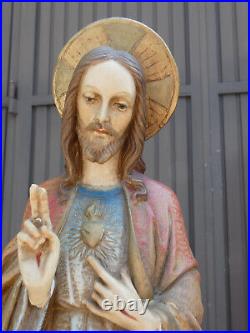 Antique Ceramic chalk LArge Sacred heart jesus christ statue figurine religious
