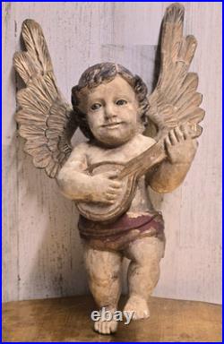 Antique Cherub Angel Statue Wall Decor Carved Wood Glass Eyes Religious RARE Antique Cherub Angel Statue Wall Decor Carved Wood Glass Eyes Religious RARE