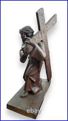 Antique Christ Carrying Cross Sculpture Spelter Religious Christianity Rare 19th