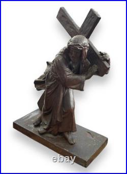 Antique Christ Carrying Cross Sculpture Spelter Religious Christianity Rare 19th