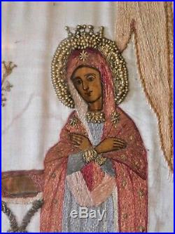 Antique Christian Religious Embroidery Silk & Gold Threads The Annunciation