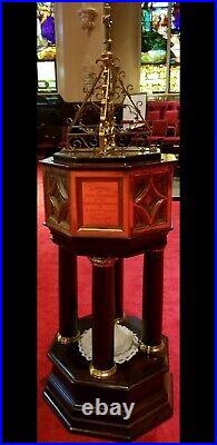 Antique Church Baptismal Holy Water Font Mahogany Wood Polished Brass Religious