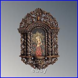 Antique Church Religious Oil painting wood carved angel frame rare