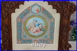 Antique Church Religious watercolour painting wood carved angel frame rare
