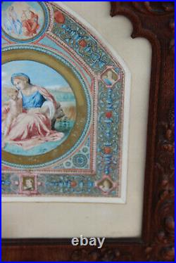 Antique Church Religious watercolour painting wood carved angel frame rare