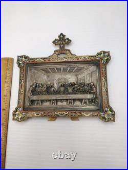 Antique Cloisonné Brass Last Supper Relief Plaque Religious Icon Enamel Art Antique Cloisonné Brass Last Supper Relief Plaque Religious Icon Enamel Art
