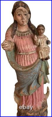 Antique Colonial Polychrome Religious Statue Of Blessed Virgin Holding Jesus
