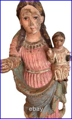 Antique Colonial Polychrome Religious Statue Of Blessed Virgin Holding Jesus