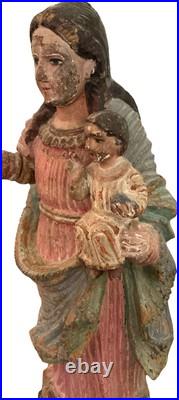 Antique Colonial Polychrome Religious Statue Of Blessed Virgin Holding Jesus