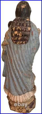 Antique Colonial Polychrome Religious Statue Of Blessed Virgin Holding Jesus