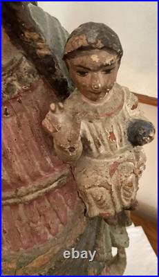 Antique Colonial Polychrome Religious Statue Of Blessed Virgin Holding Jesus