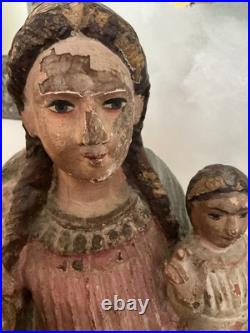 Antique Colonial Polychrome Religious Statue Of Blessed Virgin Holding Jesus