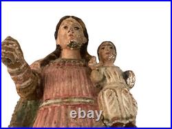 Antique Colonial Polychrome Religious Statue Of Blessed Virgin Holding Jesus