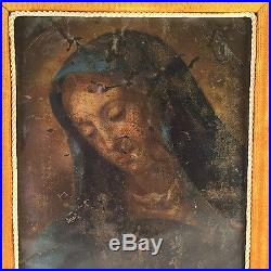 Antique Continental Oil on Copper Icon Painting of Virgin Mary, 18th-19th C