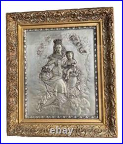 Antique Copper Silver Plated Madonna w Child Art Deco Religious Icon MCM VTG