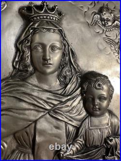 Antique Copper Silver Plated Madonna w Child Art Deco Religious Icon MCM VTG