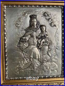 Antique Copper Silver Plated Madonna w Child Art Deco Religious Icon MCM VTG