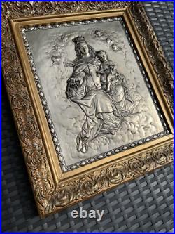 Antique Copper Silver Plated Madonna w Child Art Deco Religious Icon MCM VTG