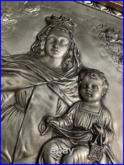 Antique Copper Silver Plated Madonna w Child Art Deco Religious Icon MCM VTG