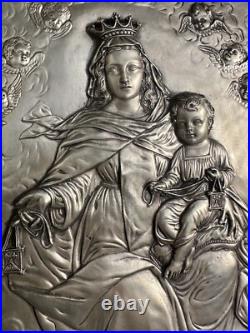 Antique Copper Silver Plated Madonna w Child Art Deco Religious Icon MCM VTG