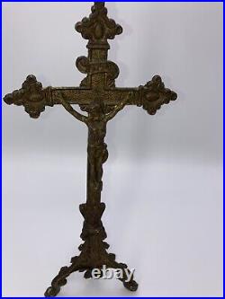 Antique Crucifix INRI Tripod Religious Jesus on the Cross Ornate