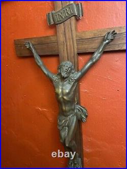 Antique Crucifix Large Bronze Jesus Church Religious Gothic Altar 32 High Cross