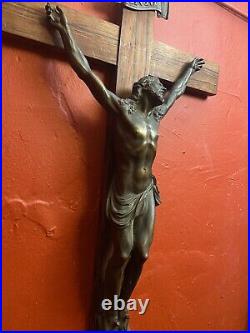 Antique Crucifix Large Bronze Jesus Church Religious Gothic Altar 32 High Cross