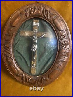 Antique Crucifix Under The Bubble Glass Wooden Frame Religious Church Altar