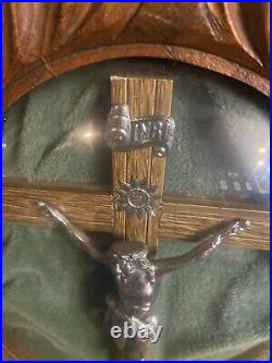 Antique Crucifix Under The Bubble Glass Wooden Frame Religious Church Altar