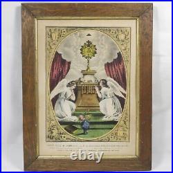 Antique Currier & Ives Lithograph Hand Colored Religious Angels Praise Jesus