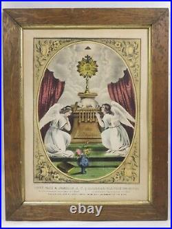 Antique Currier & Ives Lithograph Hand Colored Religious Angels Praise Jesus