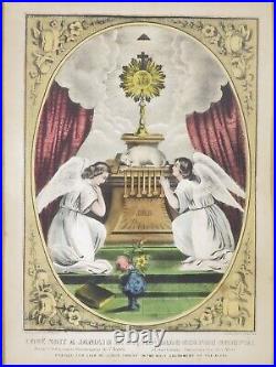 Antique Currier & Ives Lithograph Hand Colored Religious Angels Praise Jesus