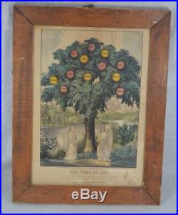 Antique Currier Ives Tree Of Life Bible Revelations hand color 13x17 original