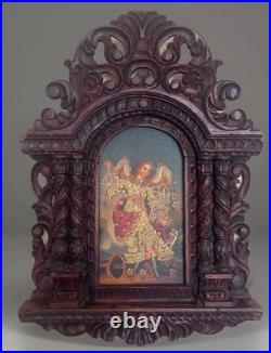 Antique Cuzco Peru Retablo Colonial Archangel Ariel Carved Wood 16.5 x 12 x2