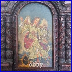 Antique Cuzco Peru Retablo Colonial Archangel Ariel Carved Wood 16.5 x 12 x2