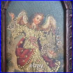 Antique Cuzco Peru Retablo Colonial Archangel Ariel Carved Wood 16.5 x 12 x2
