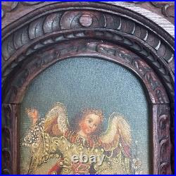 Antique Cuzco Peru Retablo Colonial Archangel Ariel Carved Wood 16.5 x 12 x2