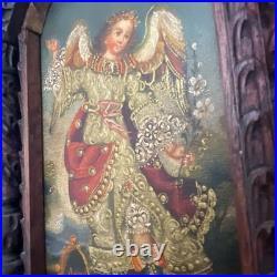 Antique Cuzco Peru Retablo Colonial Archangel Ariel Carved Wood 16.5 x 12 x2