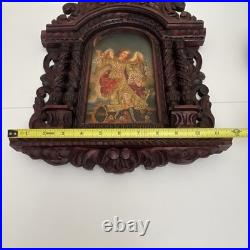 Antique Cuzco Peru Retablo Colonial Archangel Ariel Carved Wood 16.5 x 12 x2