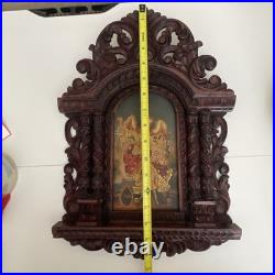 Antique Cuzco Peru Retablo Colonial Archangel Ariel Carved Wood 16.5 x 12 x2