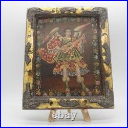 Antique Cuzco school painting Archangel playing guitar with inlaid silver on frame