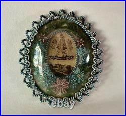 Antique Czech Floral Oval Glass Seed Bead Religious print wall hanging Madonna