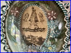 Antique Czech Floral Oval Glass Seed Bead Religious print wall hanging Madonna