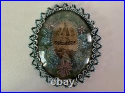 Antique Czech Floral Oval Glass Seed Bead Religious print wall hanging Madonna