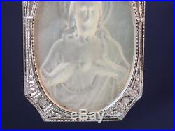 Antique Deco Platinum Diamonds Mother Pearl Heart Jesus Religious Medal Pendant