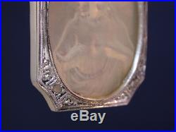 Antique Deco Platinum Diamonds Mother Pearl Heart Jesus Religious Medal Pendant