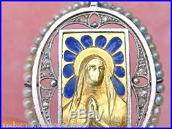 Antique Diamond Blue Plique-a-jour Praying Virgin Mary Religious Pendant 1920