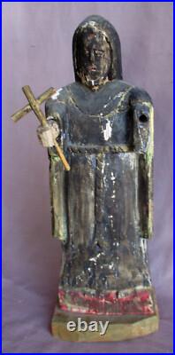 Antique Early 15 Carved Wood Painted Religious Saint or Monk figure
