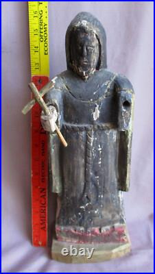 Antique Early 15 Carved Wood Painted Religious Saint or Monk figure